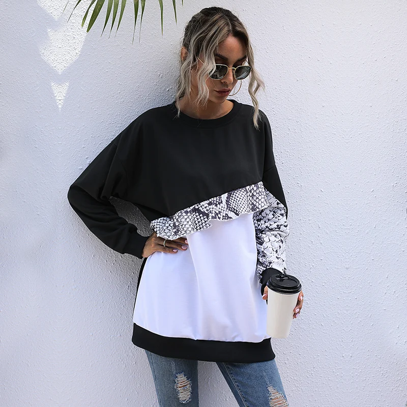 

Женская Повседневная Толстовка с длинным рукавом, облегающий черный пуловер с круглым вырезом и леопардовым принтом, весна-осень 2020