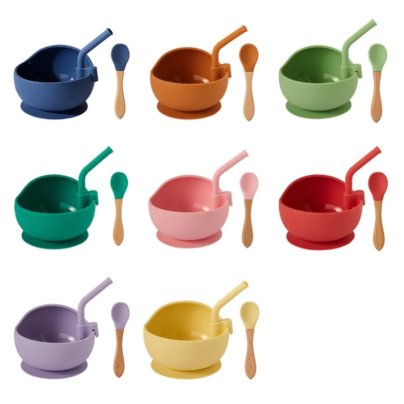 

Детская силиконовая обеденная тарелка с присоской, чаша с соломинкой и ложкой, набор нескользящей столовой посуды для детей