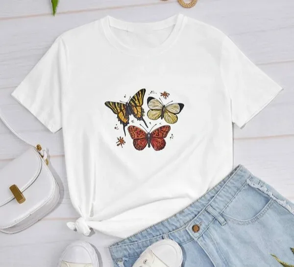 

VIP HJN Three Butterfly Printed Korean Style Cotton Casual Funny Harajuku Hipster Tumblr Women Tee T-Shirt