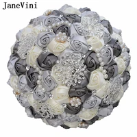 janevini silver gray 30cm pearl wedding bouquet ivory satin roses artificial flowers crystal bridal brooch bouquets accessories
