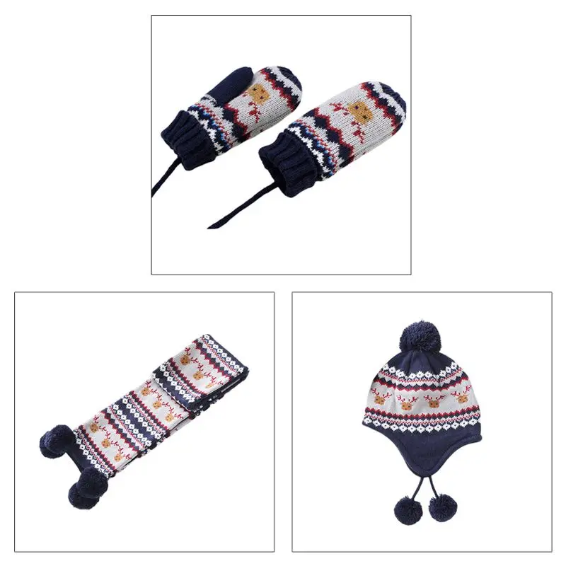 

Kids Baby Winter Christmas Reindeer Pompom Earflap Beanie Cap Long Scarf Gloves D08E