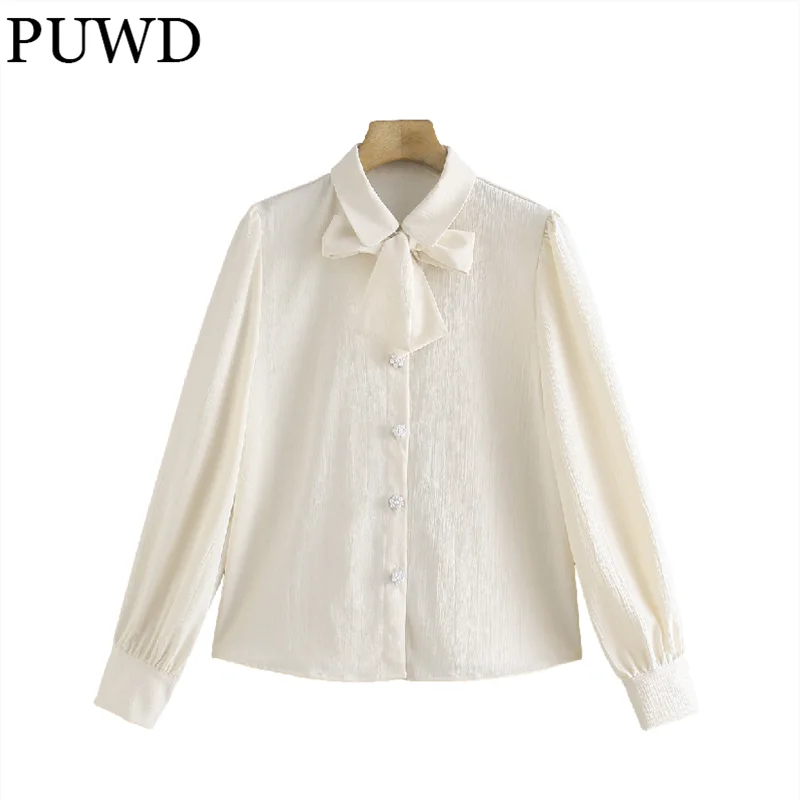 

Повседневная Женская рубашка на пуговицах PUWD с бантом, осень 2021, модная женская Однотонная рубашка с отложным воротником, женские шикарные ...
