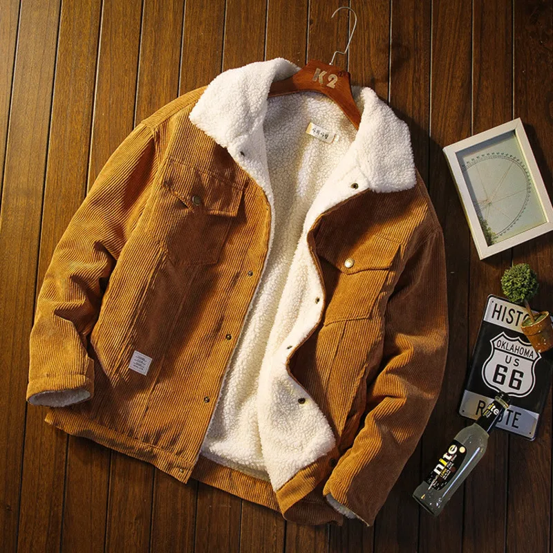 

Winter Warm Thicken Corduroy Jackets Men Fur Collar Khaki Coat 2021 New Casual Candy Color Loose All-match Fleece Thermal Parkas