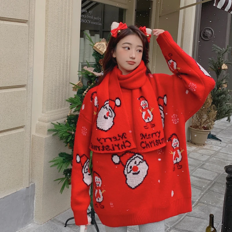 

Christmas Cartoon Pattern O-Neck Pullovers Sweaters Women Japanese Sweet Jumpers Female Knit Top Loose Lazy Style With Scarf