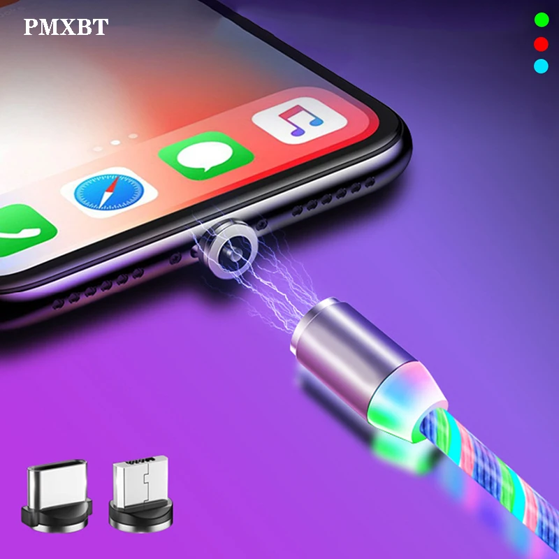 Магнитный кабель Micro USB Type C 1 м Светодиодный светящийся Световой для iphone 6 Samaung Xiaomi