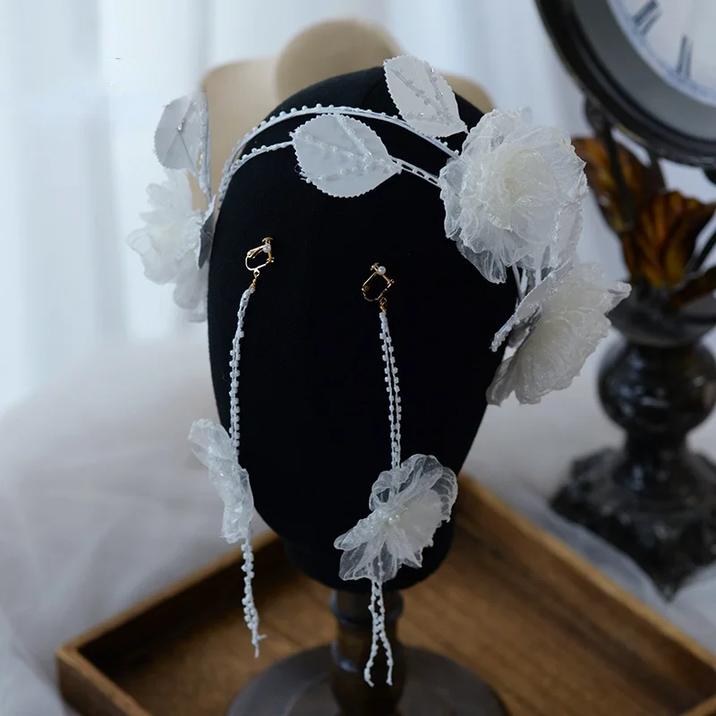 

Korea Crepe Flower Long Hairbands Earrings Sets Headbands for Women Designer