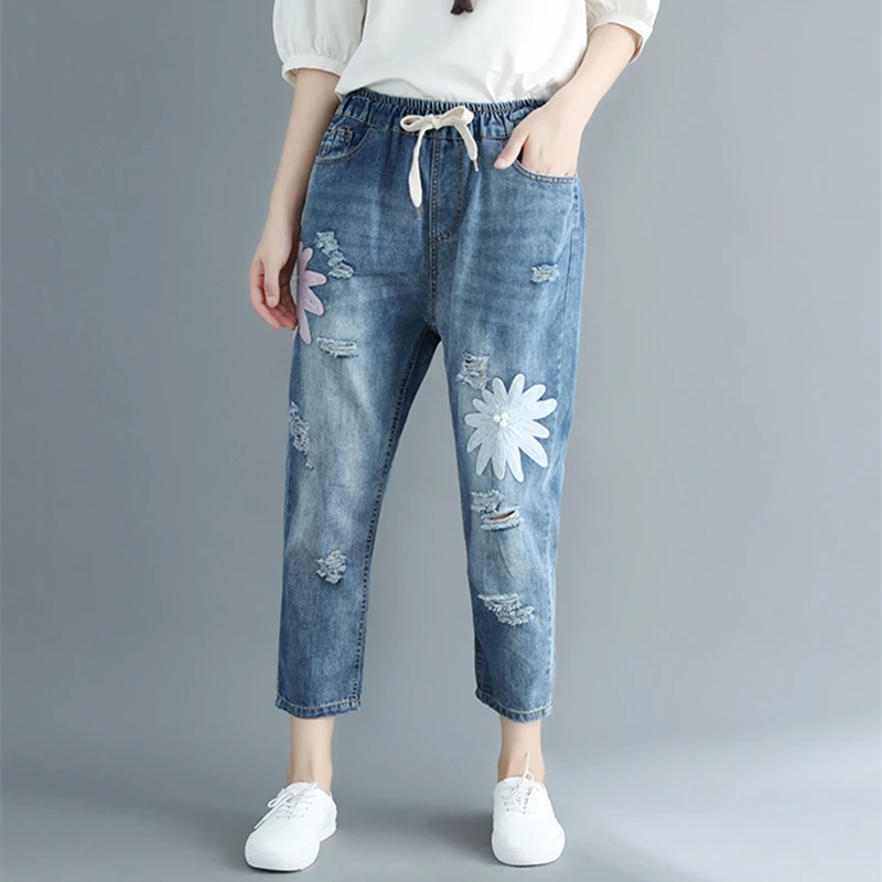 Light Blue Женские рваные джинсы свободного кроя размера плюс, винтажные джинсовые повседневные женские брюки, уличная одежда, штаны-шаровары, женские штаны с вышитыми цветами - Цвет: Light Blue