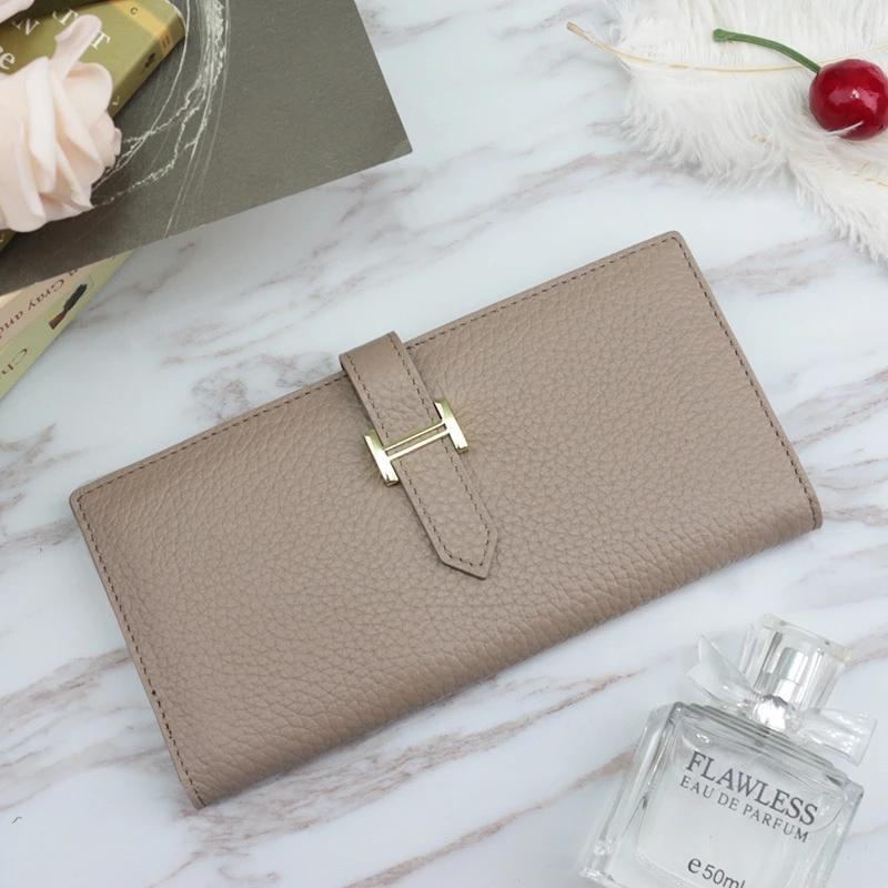 

Genuine Leather Luxury Hasp Brand Women Wallets Long Fashion Solid Colors Coin Purses Female Lychee Pattern New Thin Wallet