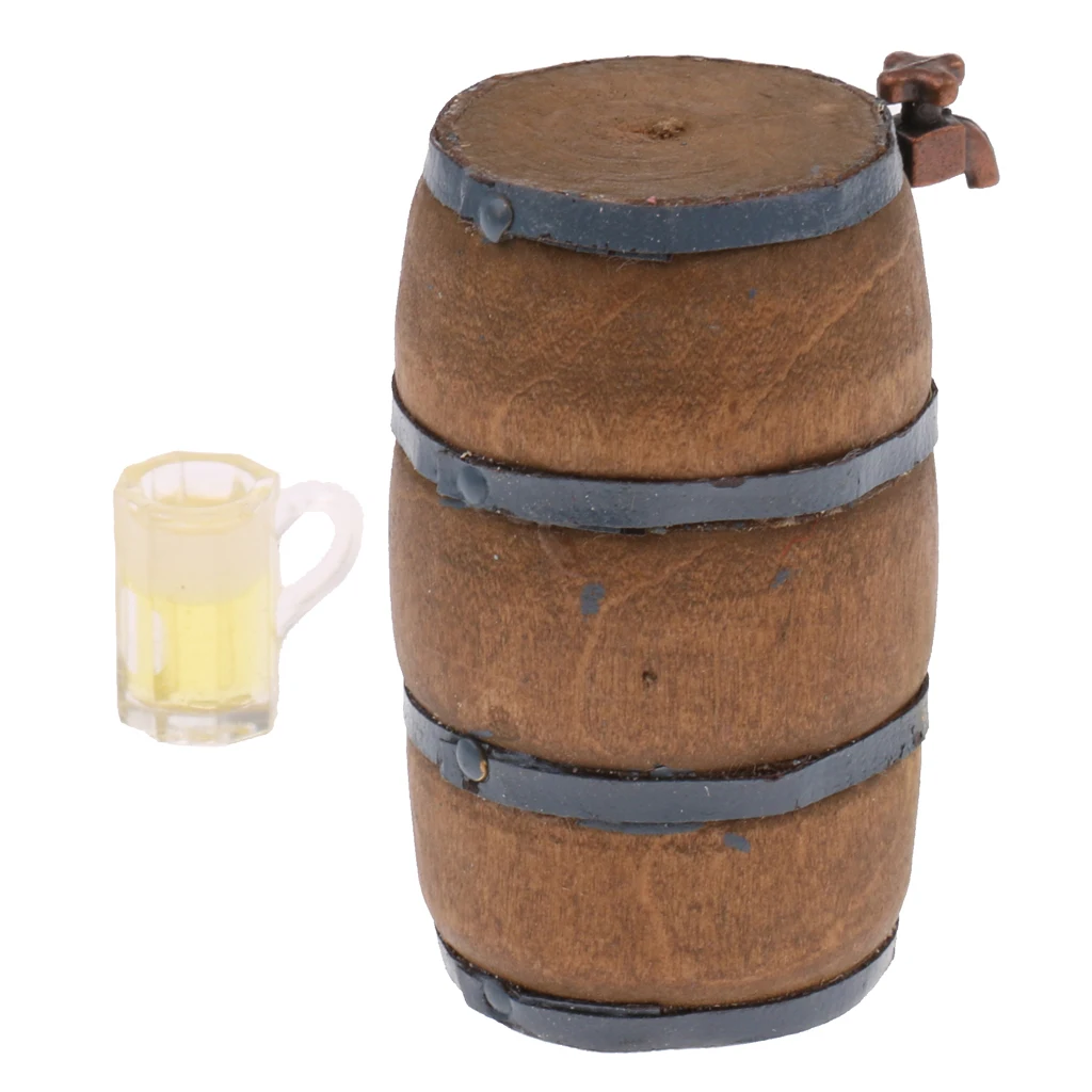 

1:12 Scale Vintage Wooden Beer Barrel + Glass for 12th Dollhouse Decoration