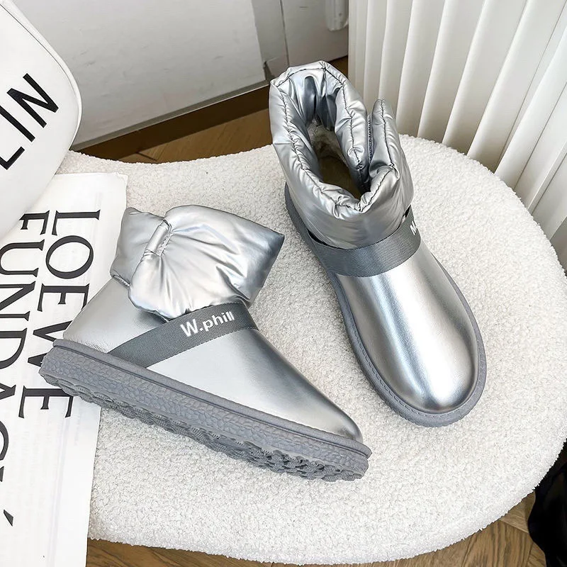 Botas de invierno cálidas para mujer, botines de plata, zapatos de plataforma con felpa, calzado de Velcro