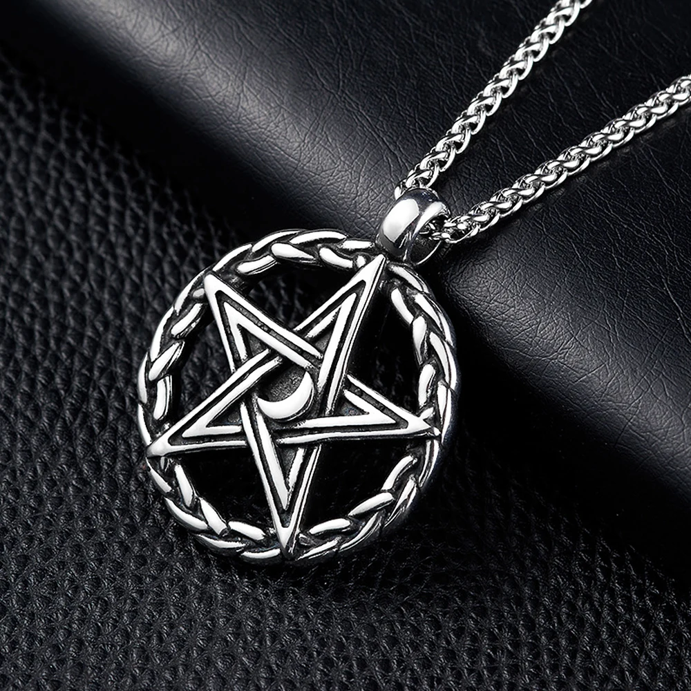 

Vintage Pentagram Pendant Necklace Stainless Steel Men Punk Hip Hop Nightclub Round Hollow Crescent Pentagram Necklace Jewelry