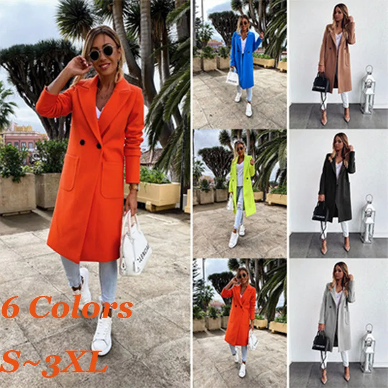 

Casual Solid Woolen Jacket Coat Fashion Women Trench Overcoat Plus Size Coats Outerwear Autumn Winter Office Ladies Causal Long