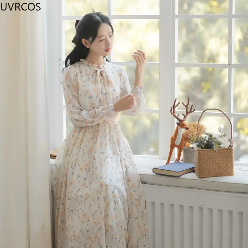 

Женское длинное шифоновое платье с принтом, Элегантное повседневное шифоновое платье с бантом и оборками в Корейском стиле, Новинка для вес...