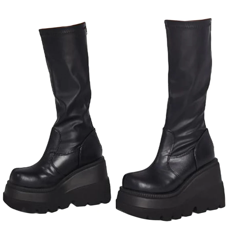 

Autumn Ladies Boots Super High Heel Black PU Leather Zipper Platform Sewing Female Wedges Shoes Mid Calf Boots