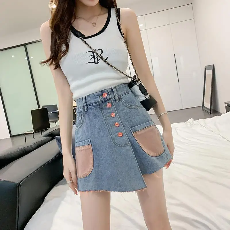 

New Summer Women High Waist Button Jeans Shorts Casual Female Loose Fit Green Denim A-Line Shorts Chic