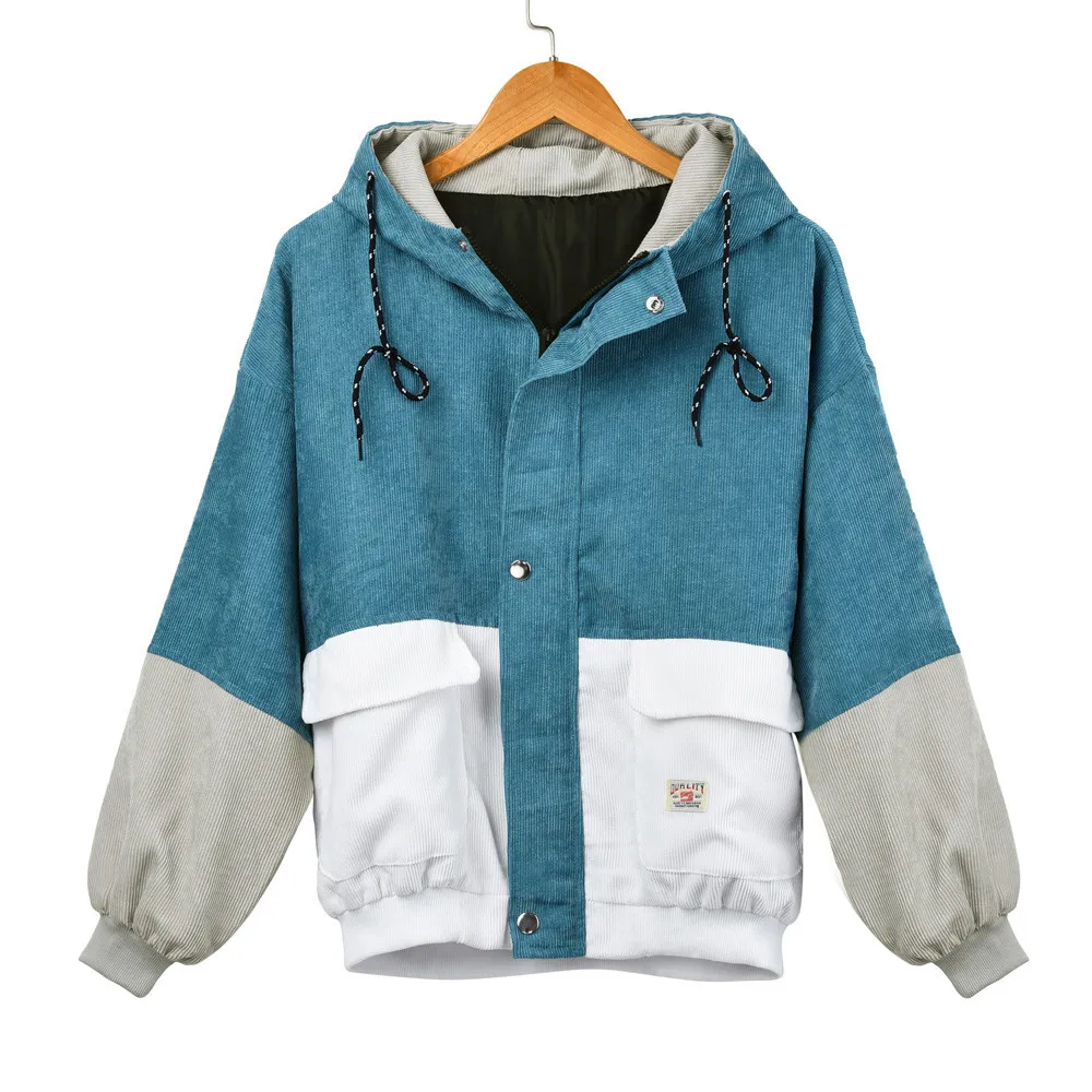 

Corduroy Coat Womens Jackets Long Sleeve Vintage Patchwork Oversize Zipper Jackets Overcoat Women's Autumn Winter Hooded Coat A3