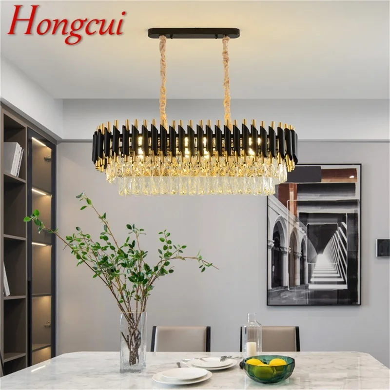 

Hongcui Black Chandelier Fixtures Postmodern Luxury Crystal Rectangle Pendant Lamp Light Home LED for Living Dining Room