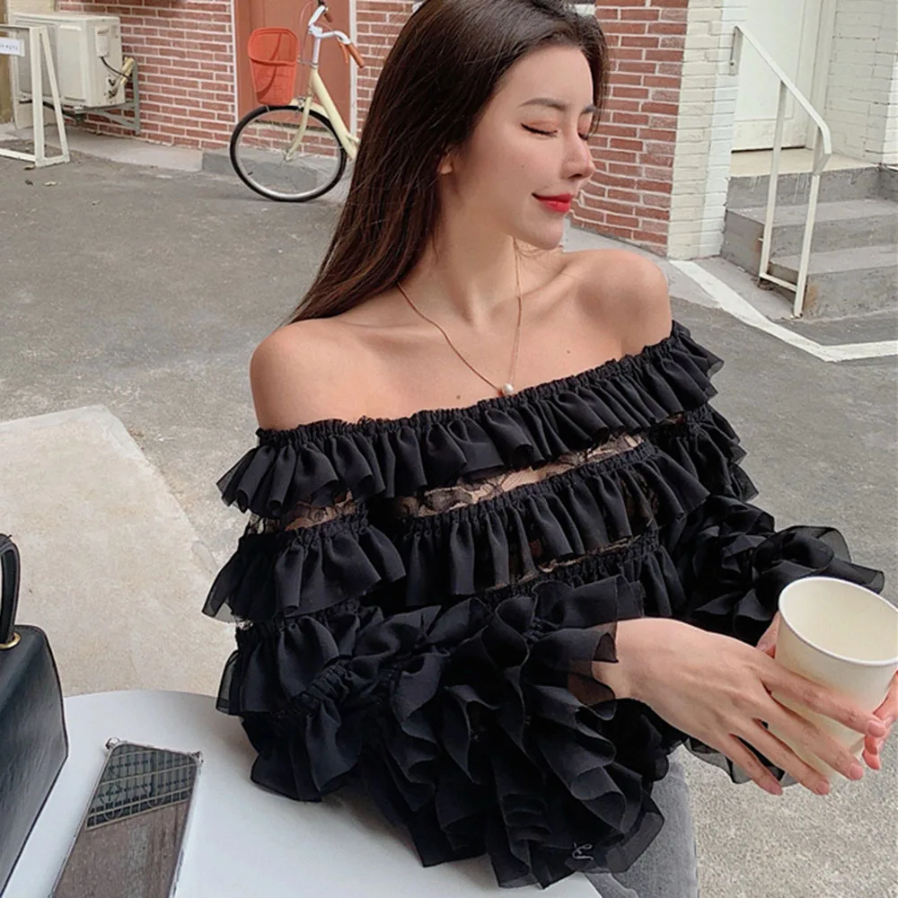 

Japan Style Blouse Spring Autumn New Korean Fashion Simple Loose Casual Chiffon Splicing Lace Ruffle Sweet One Shoulder