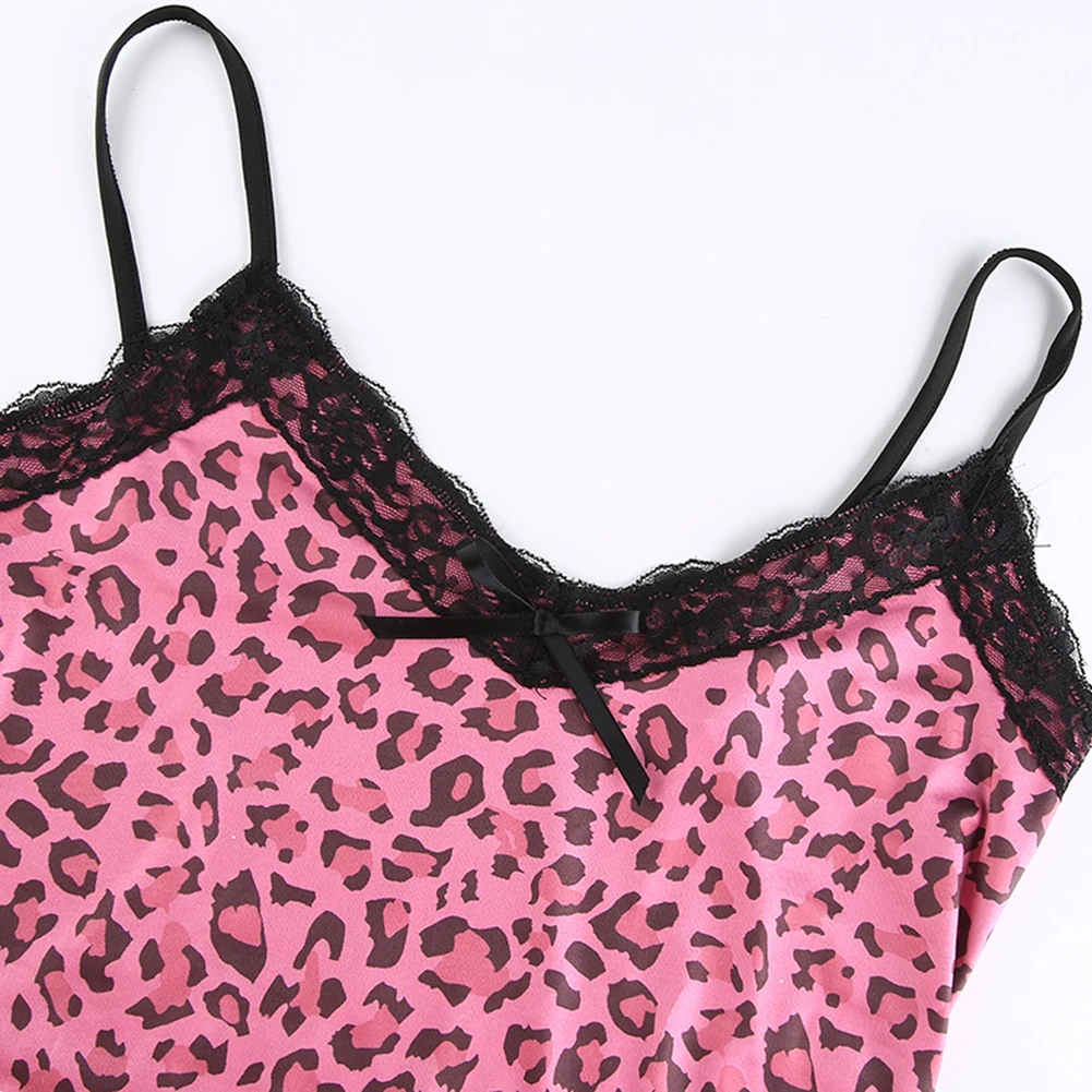 

Dossni Animal Leopard Printing Mini Dress Bodycon Spaghetti Strap High Waist Patchwork Lace Sexy Dress Female Y2k Sleeveless