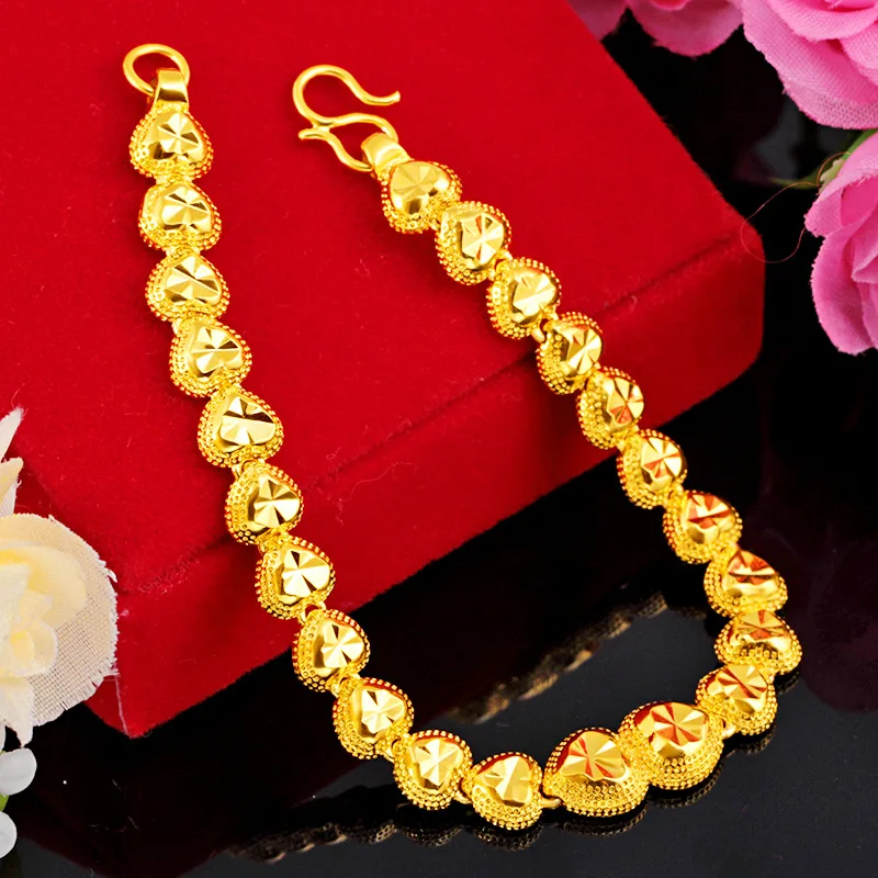 

Luxury 24k Yellow Gold Heart Shaped Bracelets for Women Gold Hand Chain Wedding Engagement Fine Jewelry Bangles Bracelet Gifts