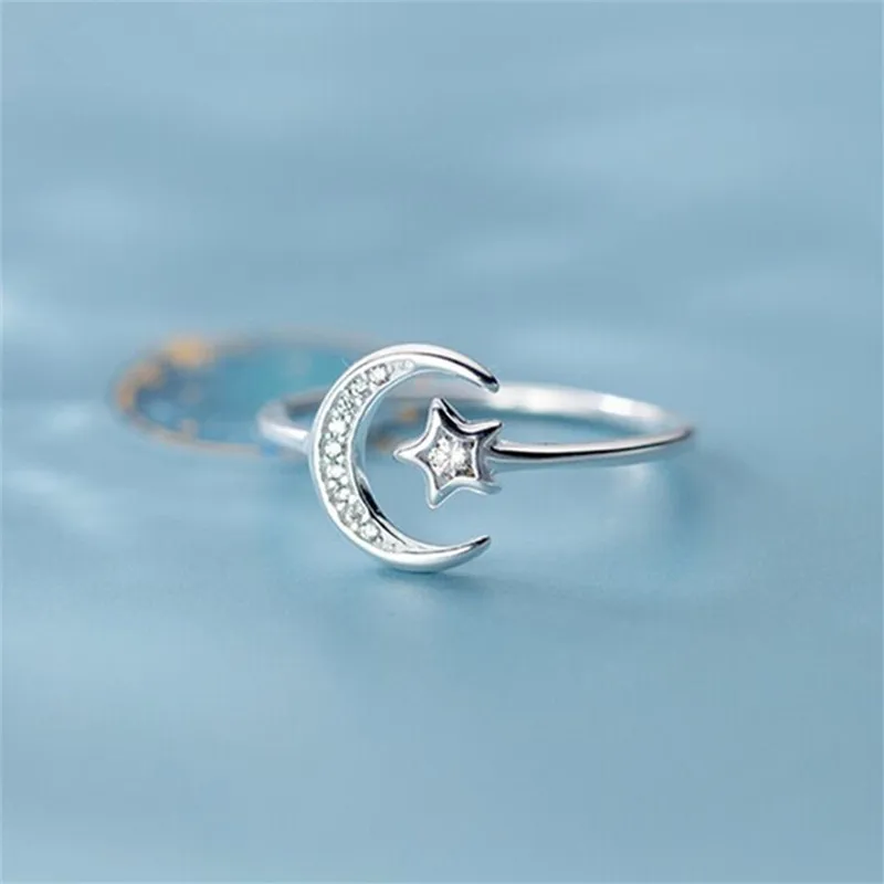 

PANJBJ 925 Sterling Silver Minimalist Zircon Moon Star Opening Ring For Charming Women Party Luxury Fine Jewelry Cute GiftPANJBJ