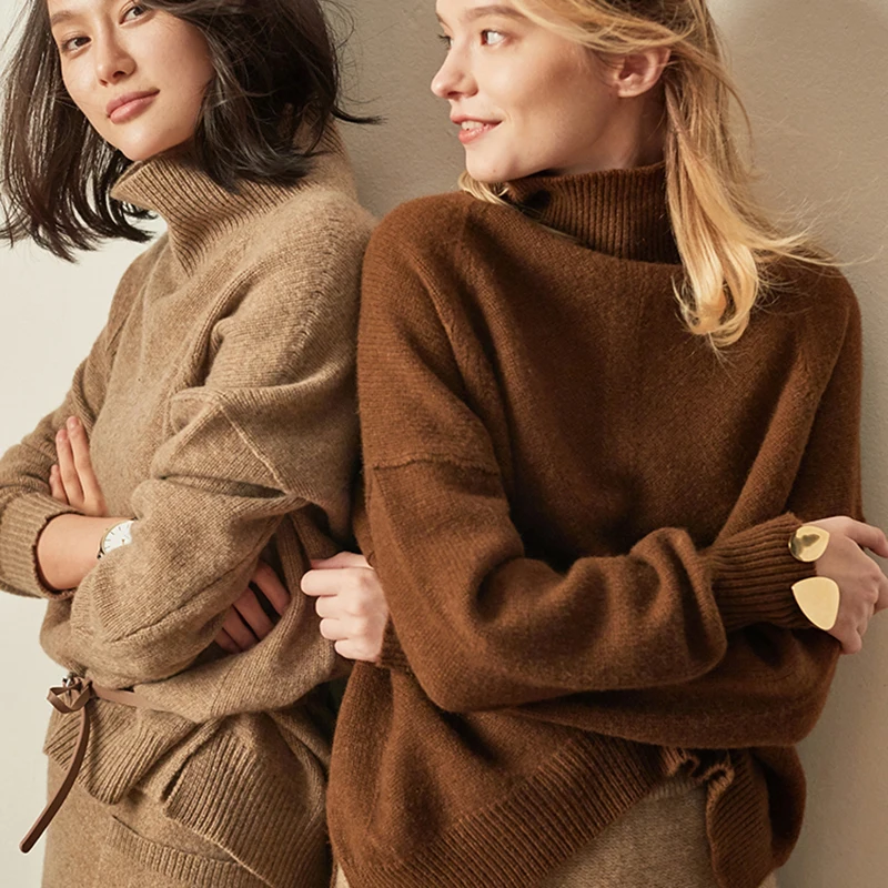 Женский кашемировый свитер с высоким воротником свободный большого размера