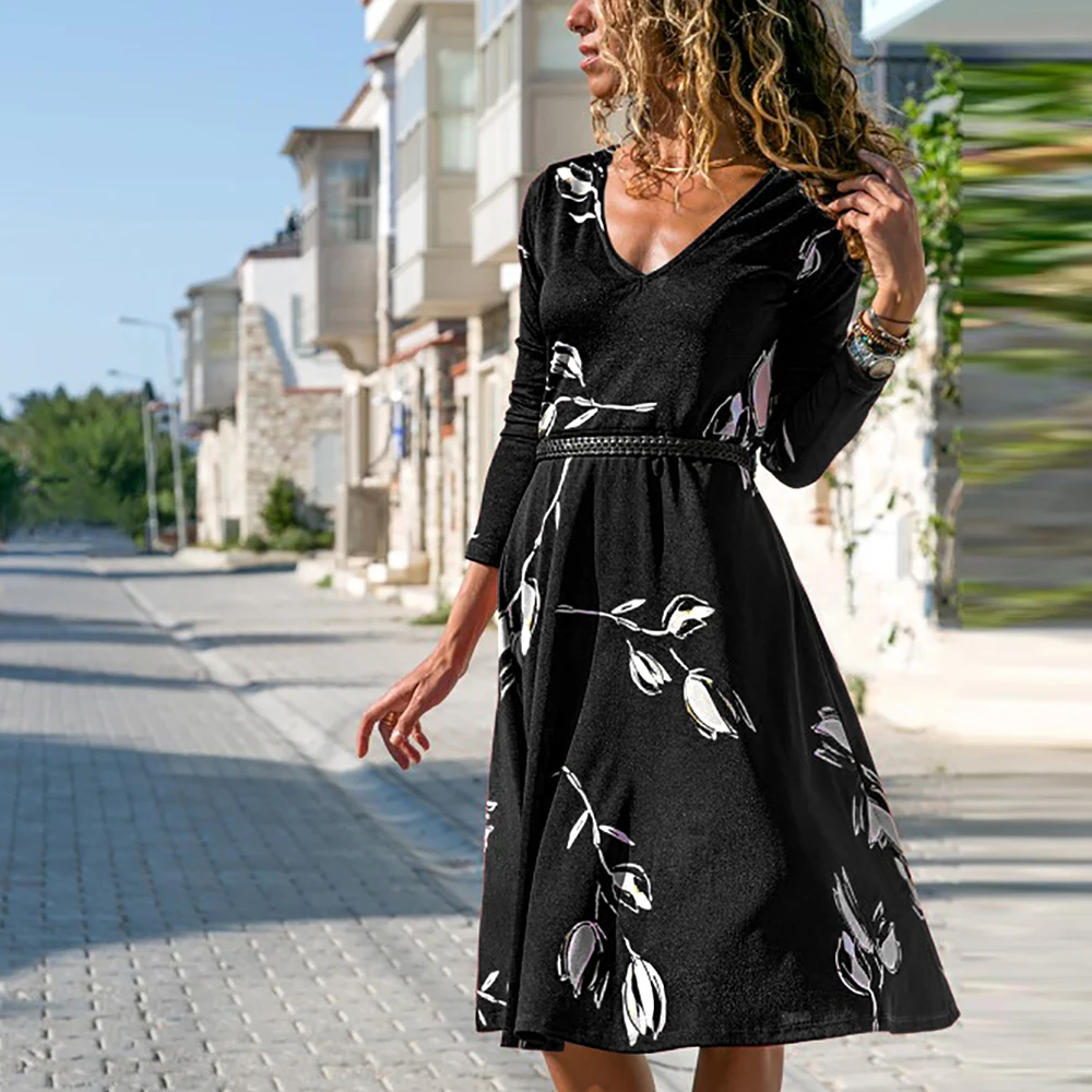 Женское платье с длинным рукавом повседневное винтажное миди цветочным принтом