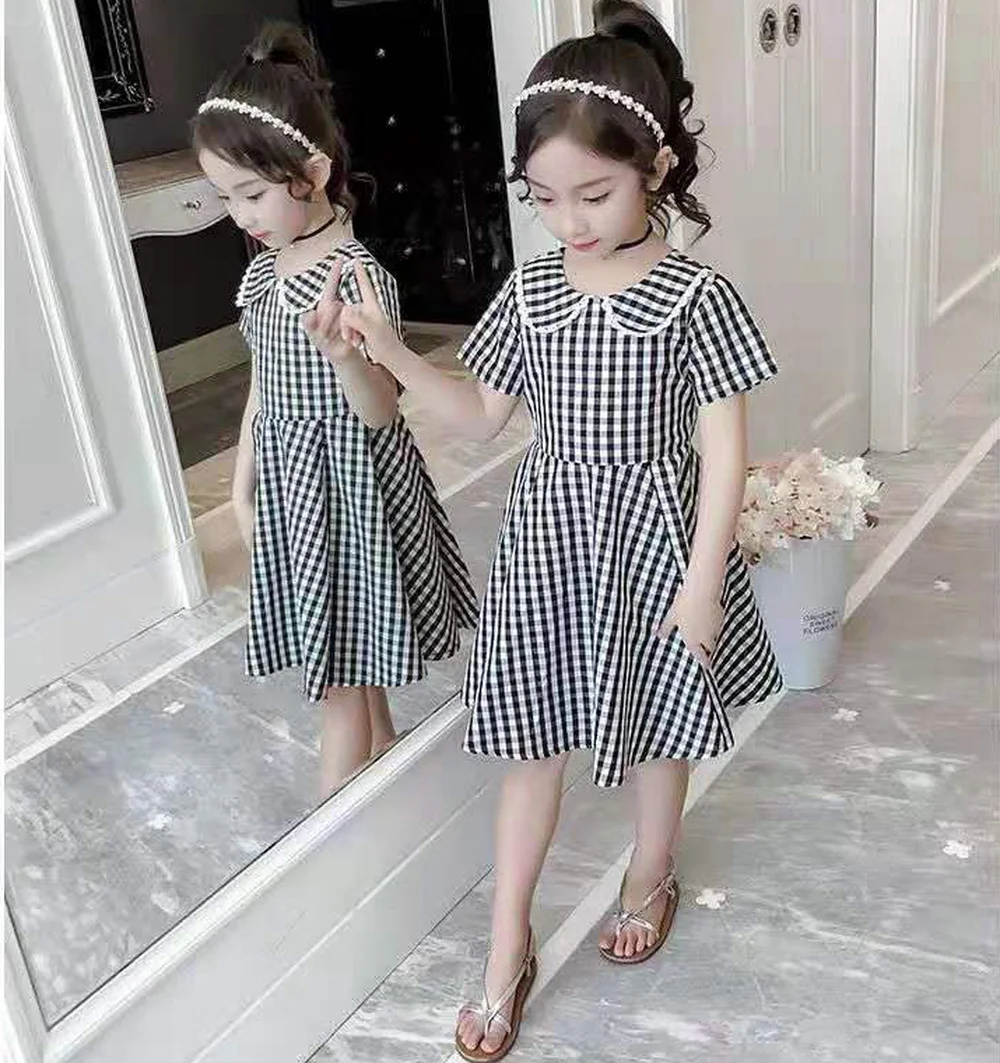 

Summer Korean Kids Clothes for Girls Children Short Sleeve Checkered Dress Hollow Out Peter Pan Collar Plaid Dress with Back Bow