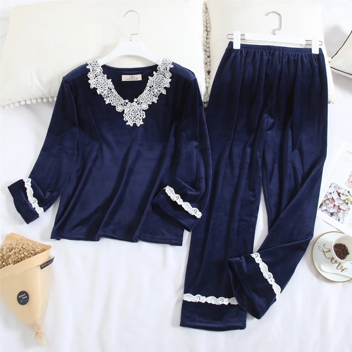 Женский бархатный пижамный комплект теплые зимние комплекты из 2 предметов