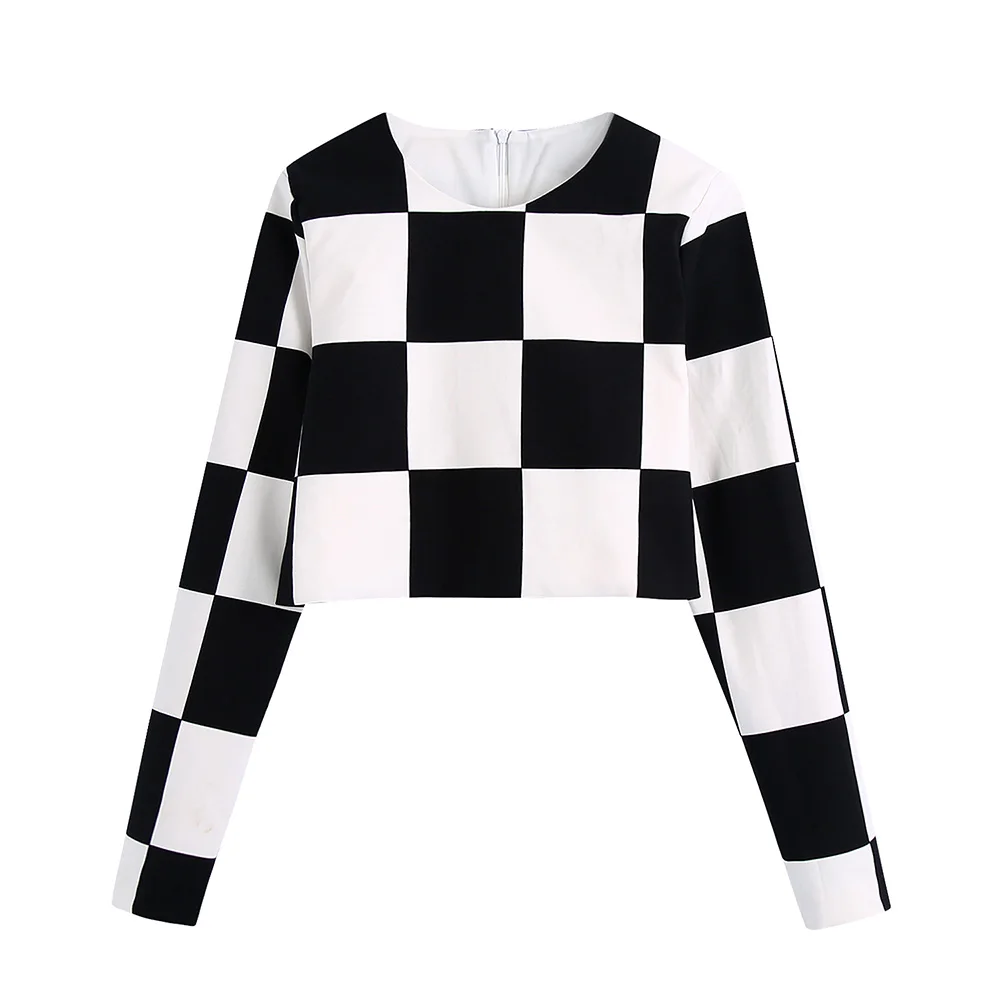 

Футболка женская 2021 мода уличный стиль шахматная доска укороченный топ футболки круглый вырез с длинным рукавом молния сзади повседневная ...