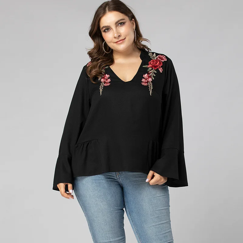 

Women's 2020 Autumn V-neck Loose Embroidery Flower Plus Size Blusas Mujer De Moda Black Long Sleeve Top