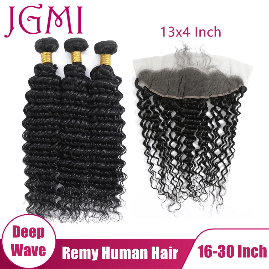 

JGMI Deep Wave Remy Brazilian Human Hair Bundles With 13x4 Swiss Lace Frontal 4x4 Closure for Black Women Extension Front