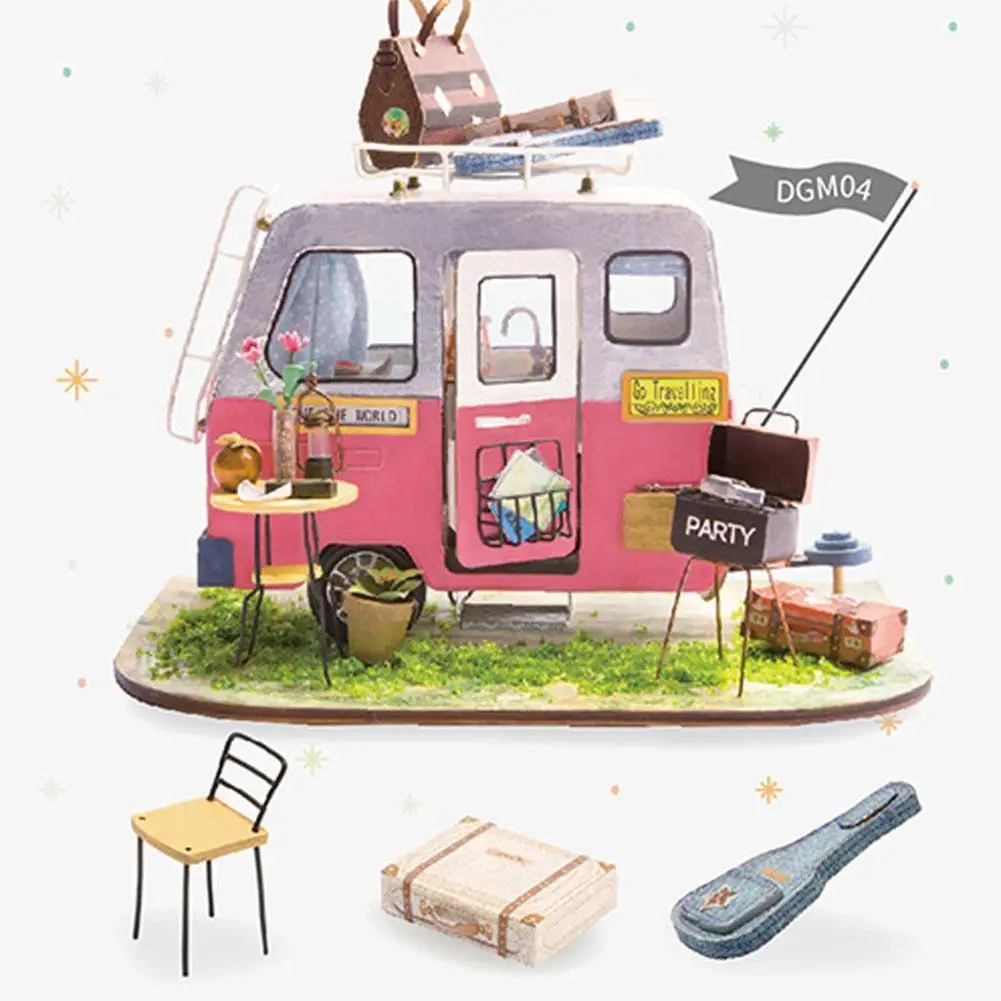 

Diy Happy Camper With Furniture Children Adult Miniature Model Kits House Building Dollhouse Wooden Toys Doll T5W8