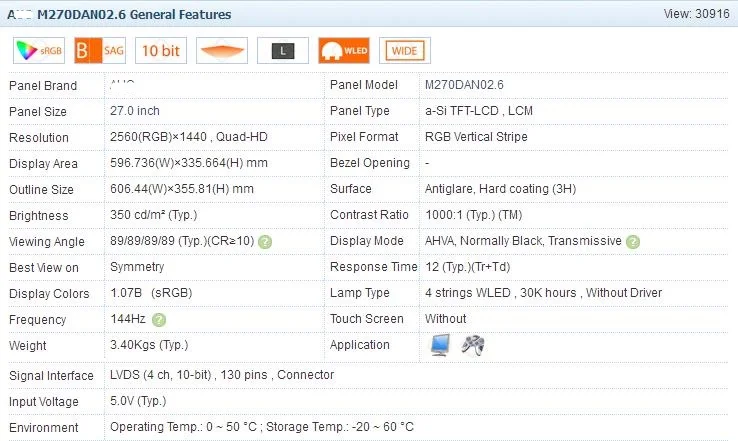 ЖК-экран M270DAN02.6 2560*1440 144 Гц для AOC AG271QG acer XB271HU Asus MG279Q игровой монитор