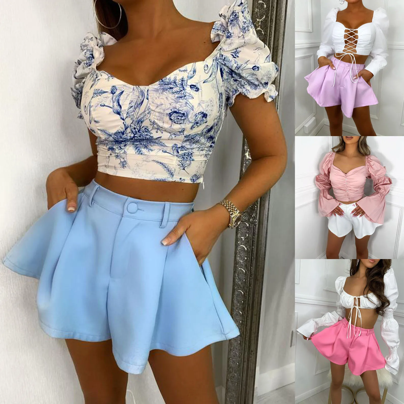 

Women Summer Short Pants, Solid Color High-Waist Business Flared Shorts with Pockets for Girls, 4 Colors