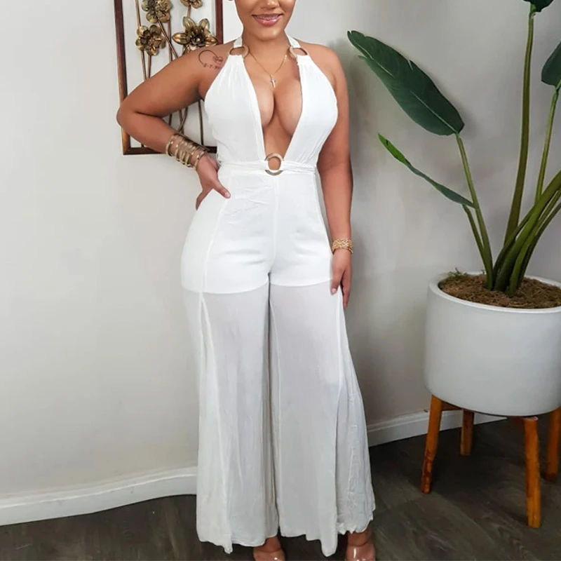 

Summer Sleeveless Halter Backless Plunge V-neck Wide Leg Pants Solid Jumpsuit Women Elegant Fashion Ladies Romper