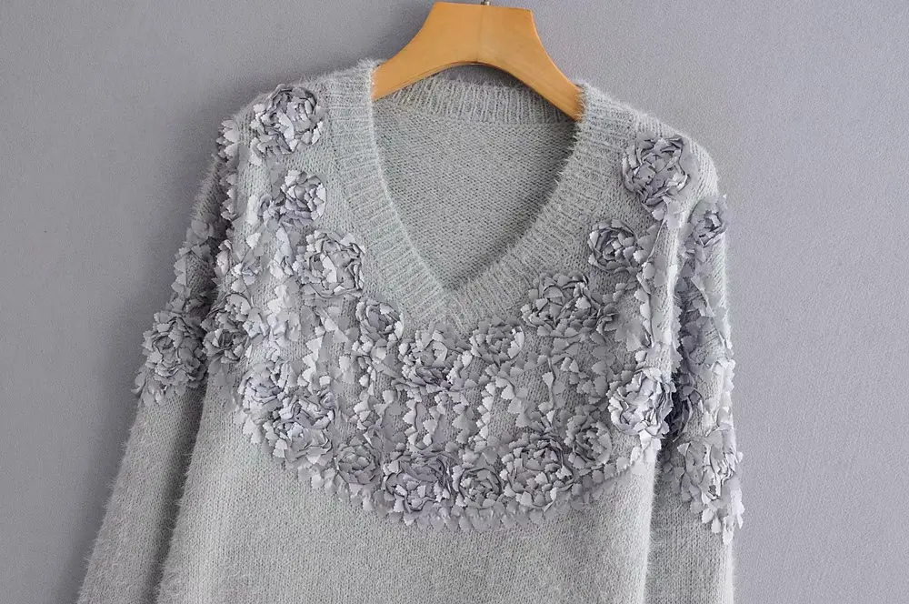 

Women Clothes 2019 Autumn and Winter Clothes Women V-neck Three-dimensional Flower Pull Femme Pullover Women Sweater Women