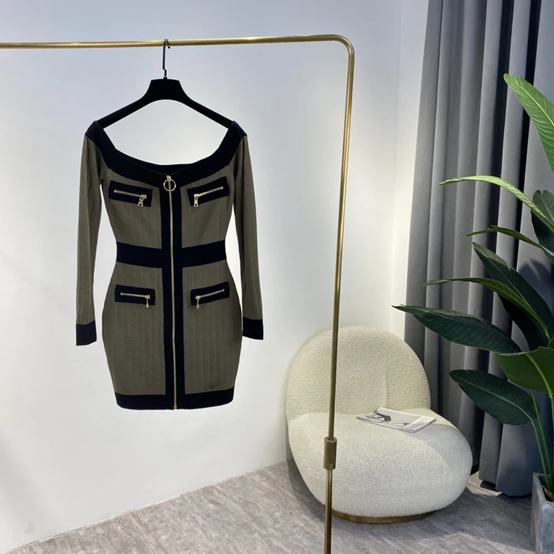 

2021 Autumn New Sexy & Club Black Army Green Ladies Slash Neck Elegant Sexy Knitted Off The Shoulder Sheath Mini Dress