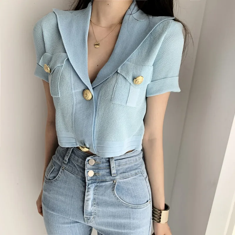 

Korea Chic Spring Autumn Elegant Lapel Metal Button Design Pocket Casual All-match Short Knit Sweater Top Women