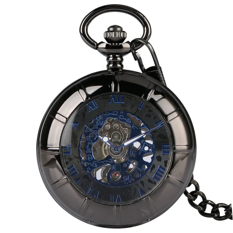 

Steampunk Roman Numbers Men Women Mechanical Hand Winding Pocket Watch Fob Pendant Chain Luminous Hands Half Hunter Timepiece