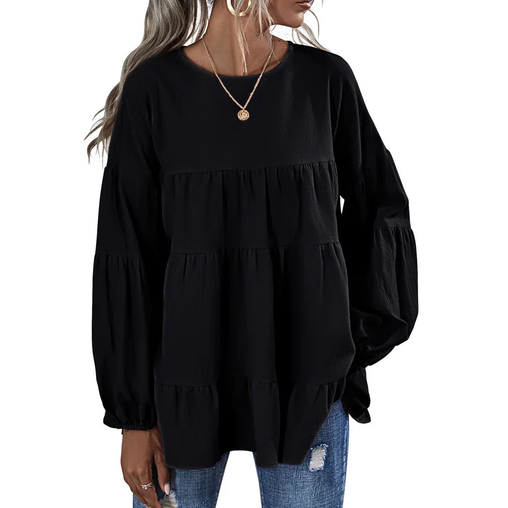 

O Neck Cake Ruffles Loose Lantern Sleeve Tops Women Casual Pullover Spring Autumn T-shirt Plus Size