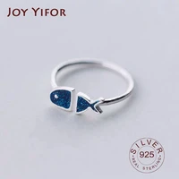 real 925 sterling silver geometric black enamel blue fish adjustable ring minimalist fine jewelry for women party gift