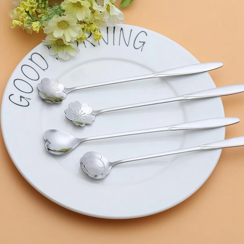 4 шт ложка Серебряная Сакура роза космос в форме сердца d винтажный цветка