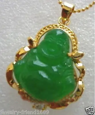 

New Gold Plated green jade buddha pendant necklace +free Chain