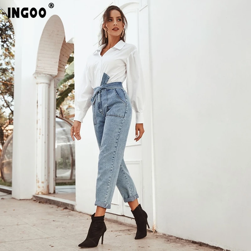 INGOO потертые джинсы с завышенной талией Женские Штаны Для Сафари светлые цвета