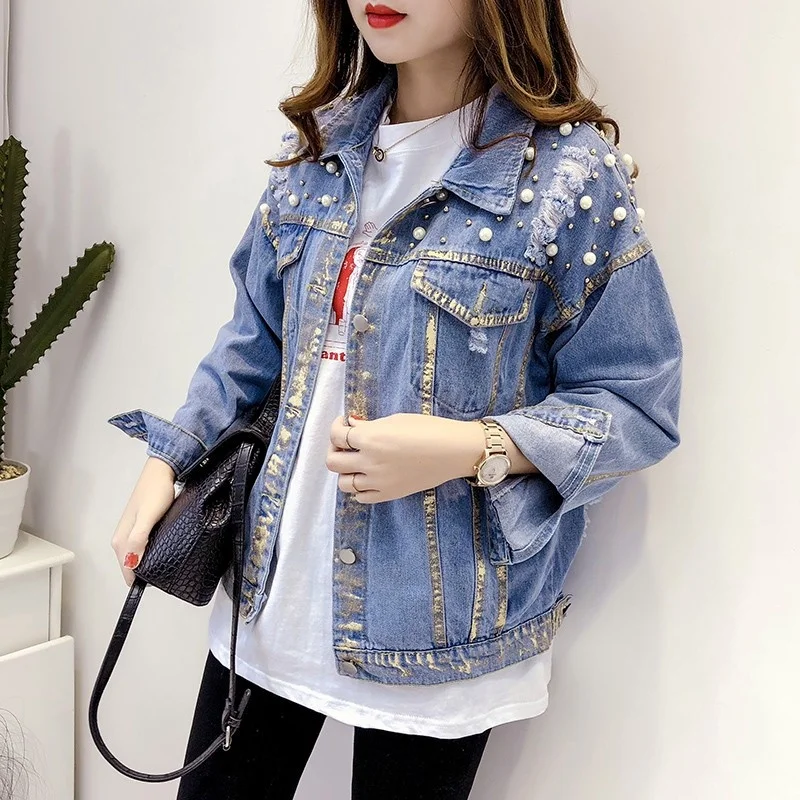 

Casual Spring Long Sleeve Single Breasted Womens Denim Jackets Korean Vintage Lapel Embroidered Flares Hole Ripped Loose Coats