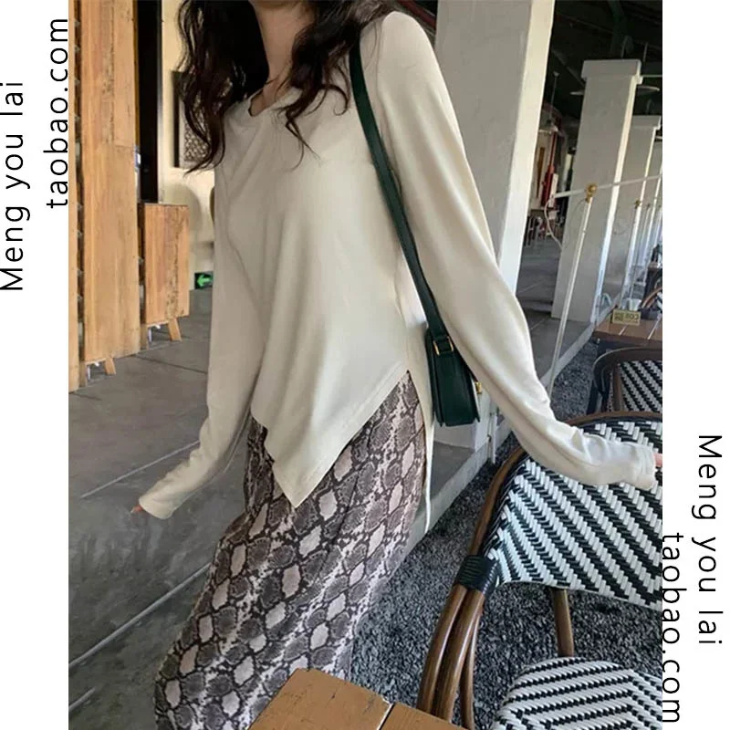 

Осенняя свободная универсальная хлопковая белая футболка в западном стиле с длинным рукавом женский дизайнерский нишевый Приталенный топ