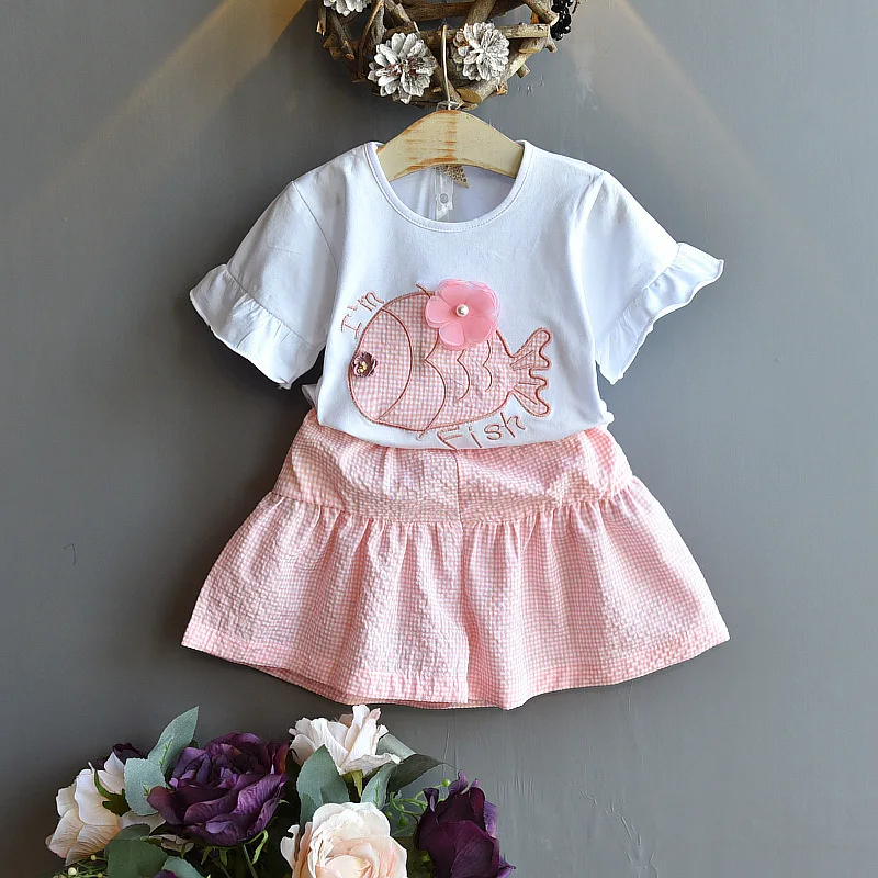 

DFXD Toddler Girls Clothing Sets 2020 New Arrival Summer Embroidery T-shirt Plaid Shorts Pants Casual Two Piece Kids Sets 2-7T
