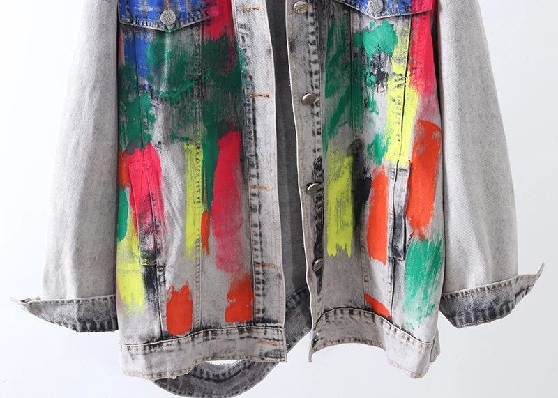 

Korean Vintage Graffiti print denim jacket women Loose long bf holes jeans jacket Modis chaqueta mujer 2020 autumn veste femme