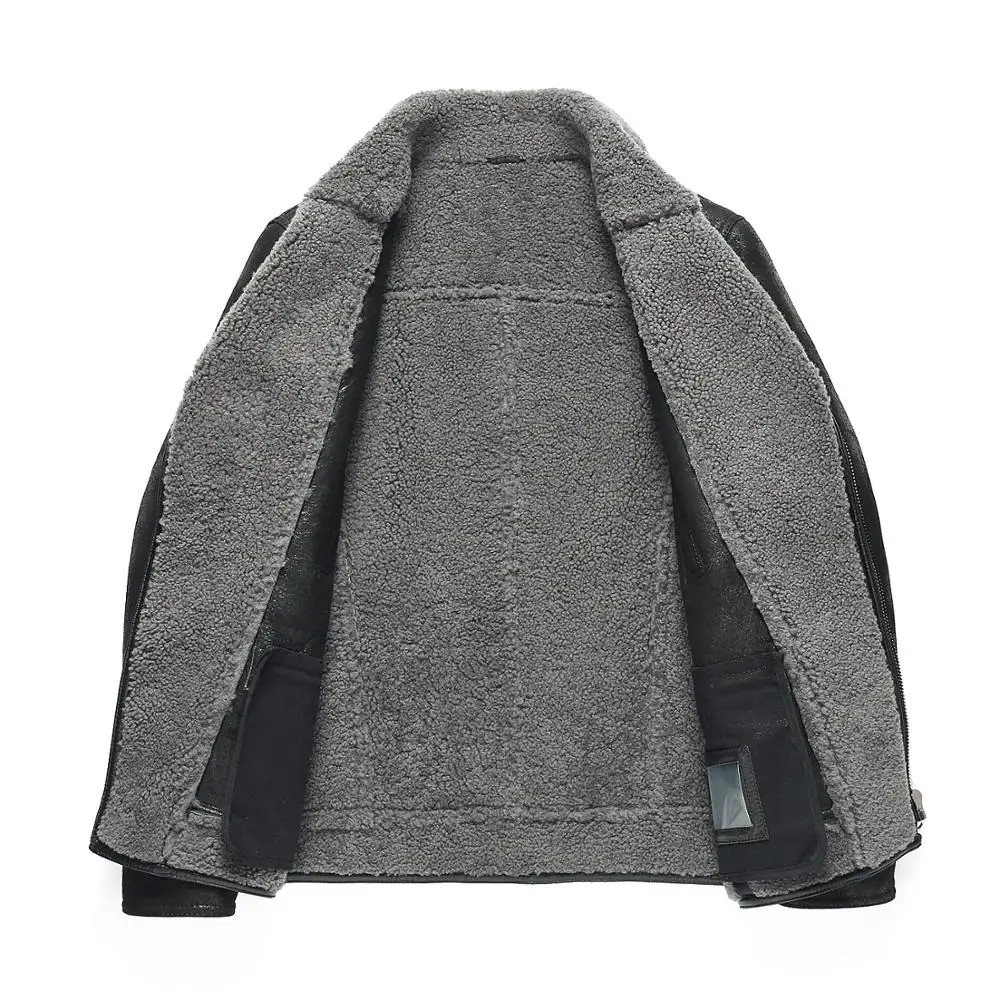 Мужская куртка из натуральной овчины черная с шерстяной подкладкой в стиле